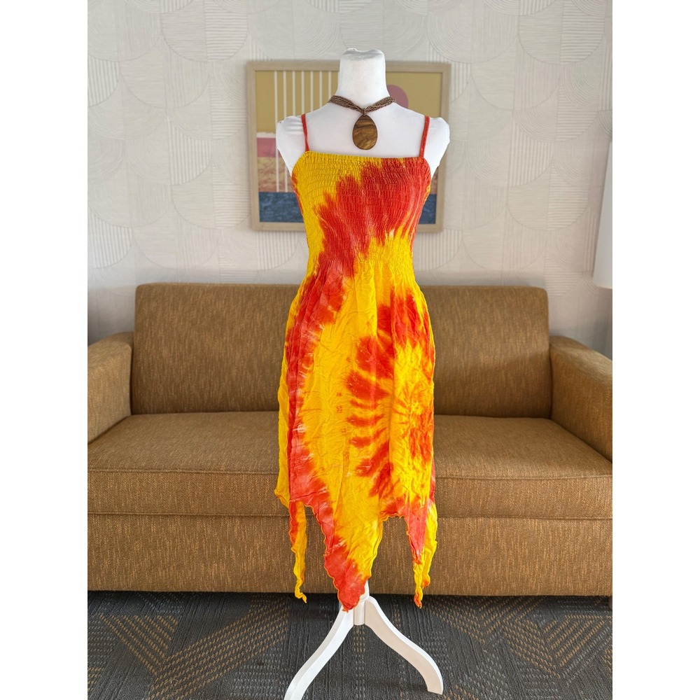 Peaceful People Tie Dye Smocked Handkerchief Hem Midi Dress Yellow Orange Large
